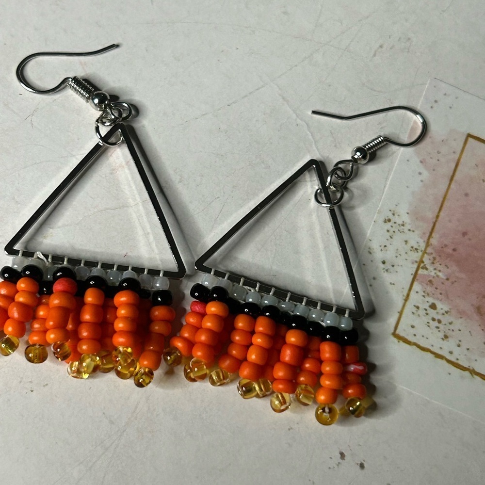 Triangular Halloween Beaded Earrings - Orange and Black